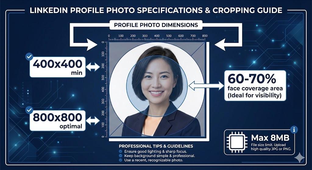 Infographic showing LinkedIn profile photo dimensions (400x400 min, 800x800 optimal) with circular crop overlay demonstrating how corners get cut off. Include visual guide showing 60-70% face coverage area.