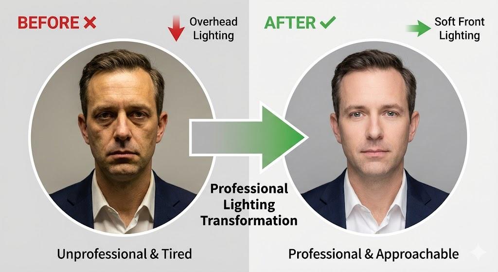 Before and After comparison of the same person. BEFORE (left): Harsh overhead lighting creating shadows under eyes and nose, unflattering appearance. AFTER (right): Soft, even front lighting, professional and flattering. Use arrows or labels to highlight the difference.