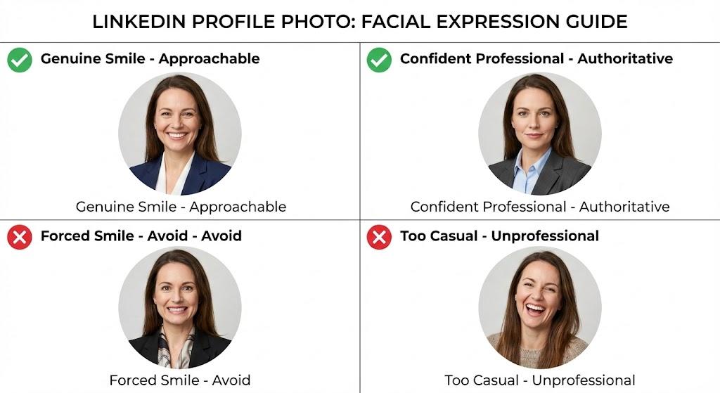 2x2 grid showing facial expression examples. TOP ROW (Good): Natural genuine smile with checkmark, Confident neutral/slight smile with checkmark. BOTTOM ROW (Avoid): Stiff forced smile with X, Overly casual or unprofessional expression with X. Include brief labels under each.