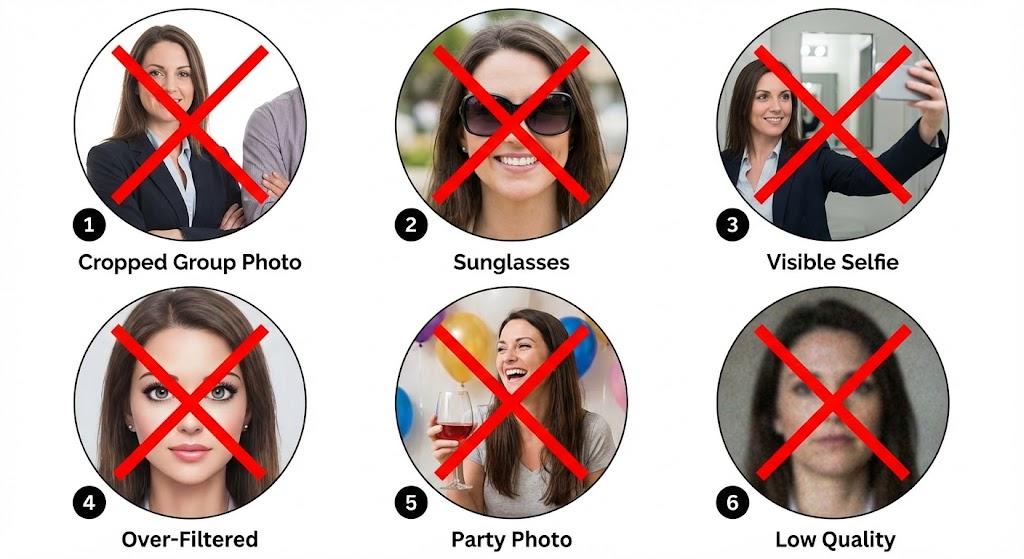Grid showing 6 common profile photo mistakes with X marks: 1) Cropped group photo with others visible, 2) Sunglasses obscuring face, 3) Selfie with phone/arm visible, 4) Overly filtered/edited, 5) Vacation/party photo, 6) Blurry low-quality image. Each example should be clearly labeled.