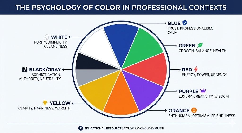 Color psychology wheel showing 8 professional colors (blue, green, red, purple, orange, yellow, black/gray, white) with key associations for each color like trust, energy, and professionalism
