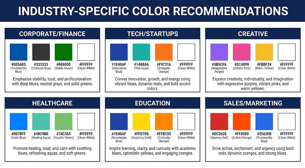Grid showing color recommendations for 6 industries: Corporate/Finance (navy, charcoal, burgundy), Tech (blue, teal, purple), Creative (bold colors), Healthcare (blue, green, white), Education (blue, green, yellow), Sales/Marketing (red, orange, bold blue)