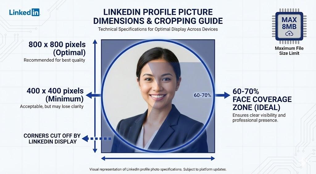Technical diagram showing LinkedIn profile photo specifications: 400×400px minimum, 800×800px optimal, circular crop overlay with 60-70% face coverage zone highlighted, max 8MB file size indicator