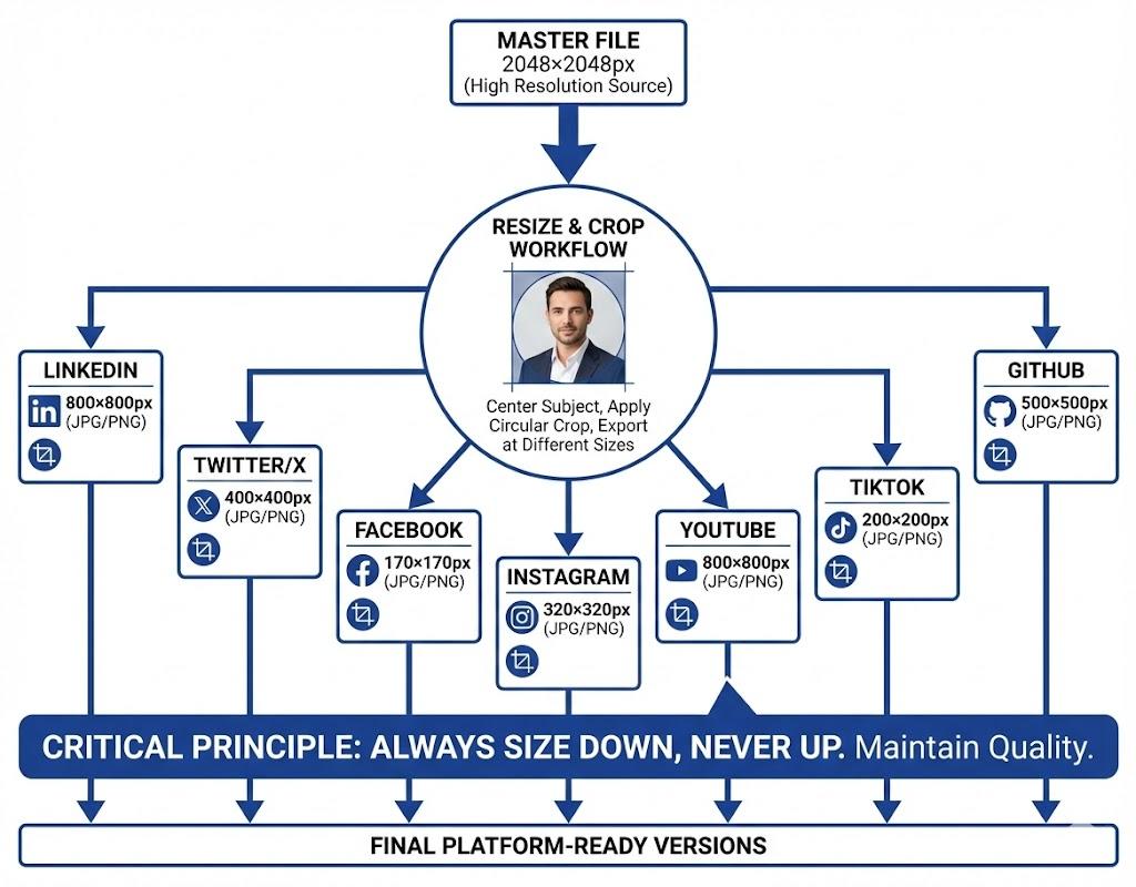 Workflow diagram showing how to create one 2048×2048px master image and resize it down to meet requirements for each platform: LinkedIn (800×800), Twitter (400×400), Facebook, Instagram, YouTube, TikTok, GitHub