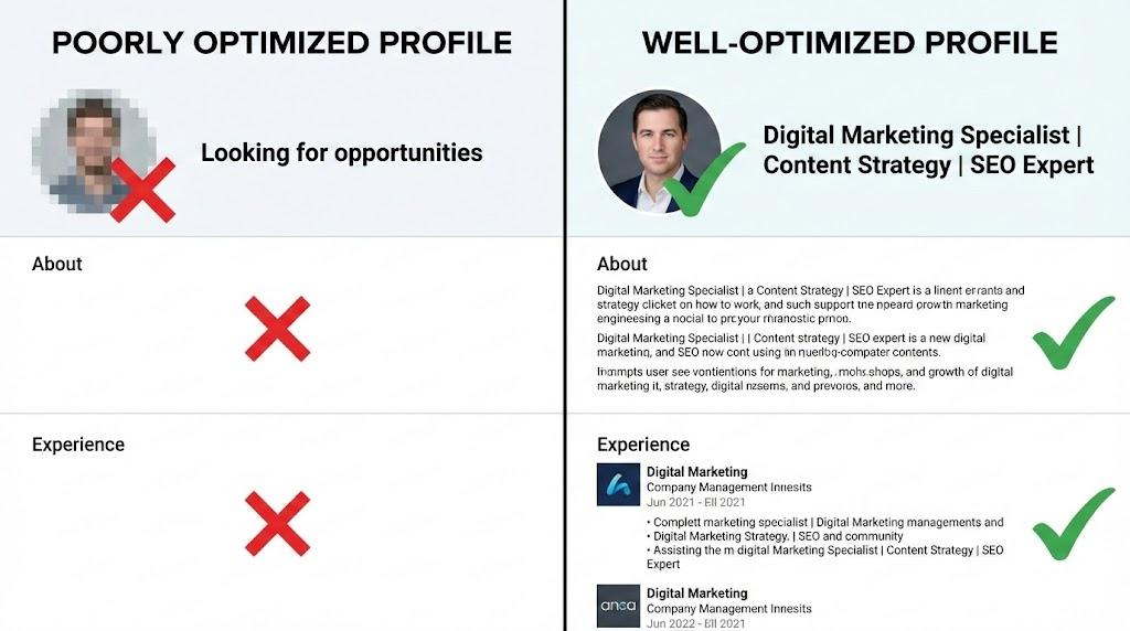 Comparison of a poorly optimized vs well-optimized LinkedIn profile