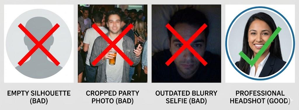 Examples of common profile photo mistakes and the correct approach