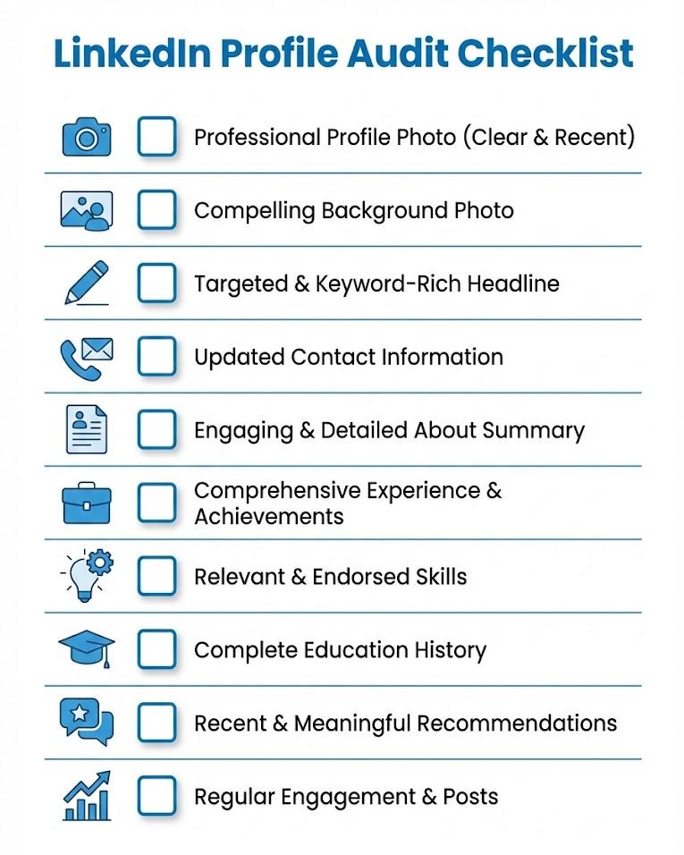 LinkedIn profile audit checklist infographic