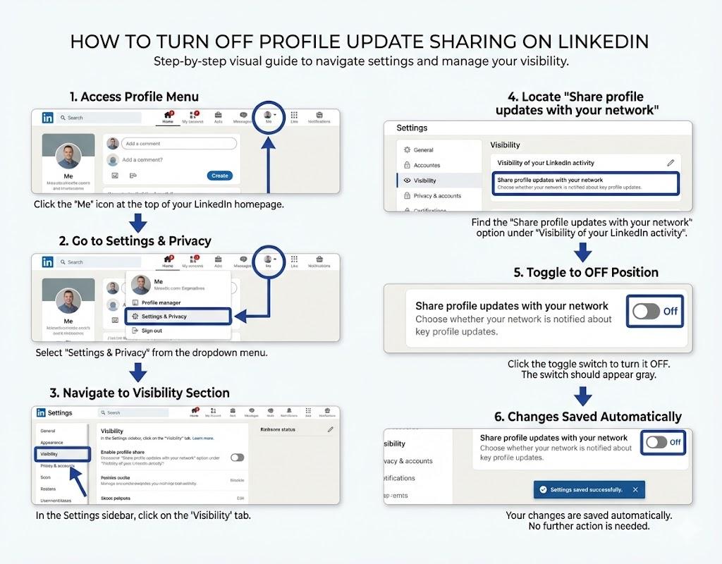 Step-by-step visual guide showing 6 steps to disable LinkedIn profile update sharing: Profile menu, Settings & Privacy, Visibility section, Share profile updates setting, Toggle OFF, Save changes
