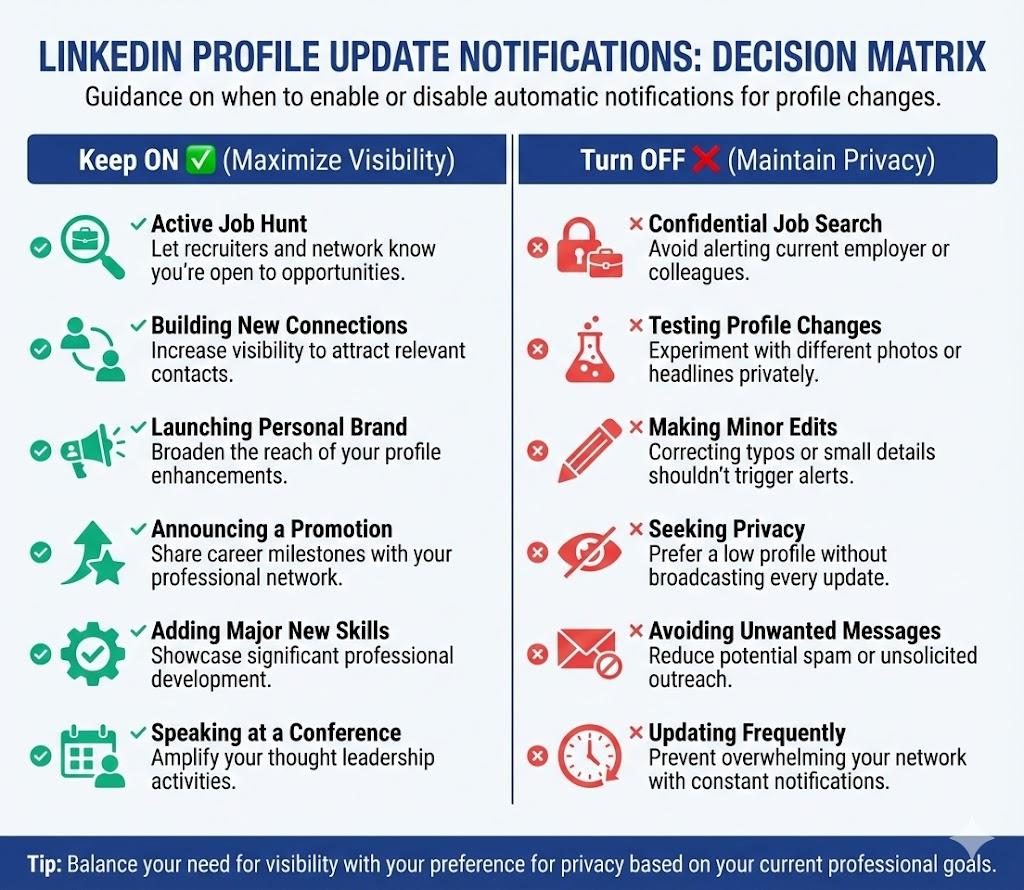 Decision matrix showing when to keep notifications ON (job hunting, brand building, new achievements) with green checkmarks versus when to turn OFF (testing photos, minor tweaks, confidential job search, multiple updates) with red X marks