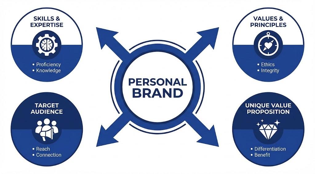 Circular diagram showing 4 key personal branding elements: Skills & Expertise, Values & Principles, Target Audience, and Unique Value Proposition, all connected to central Personal Brand circle