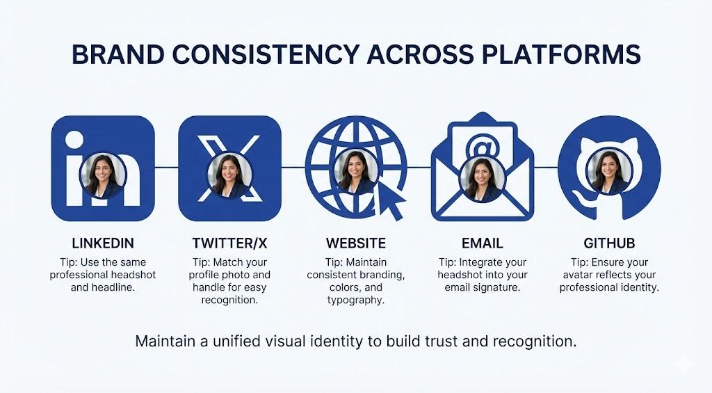 Five social platforms (LinkedIn, Twitter, Website, Email, GitHub) showing the same professional profile photo with consistent branding across all platforms, connected by visual consistency indicators