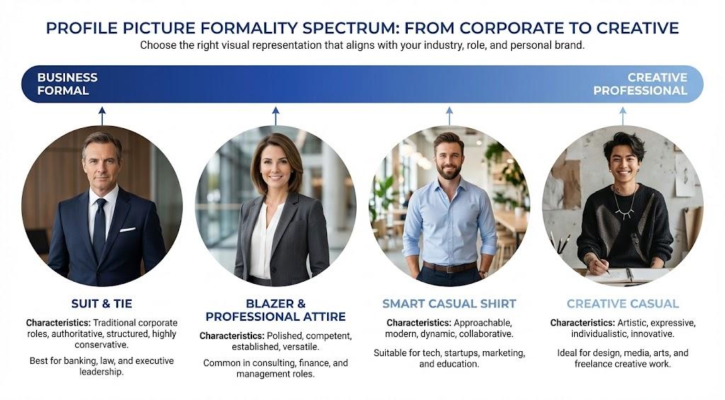 Horizontal spectrum showing 4 profile photo styles from Business Formal (suit and tie) to Business Professional (blazer) to Smart Casual (button-down) to Creative Professional (stylish casual), with descriptions for each