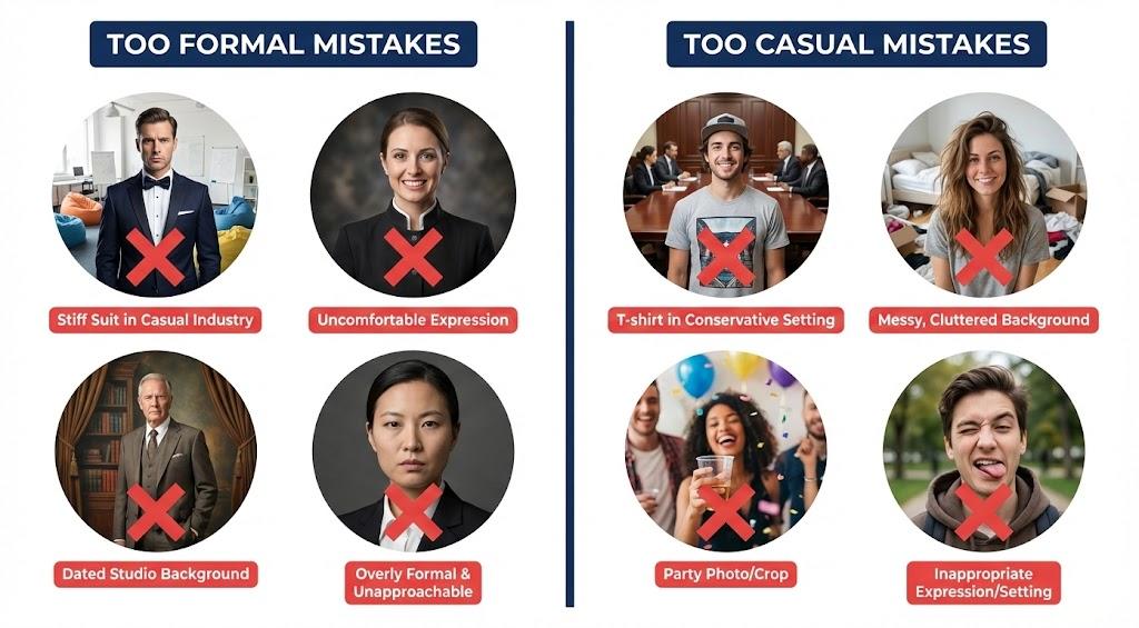 Split comparison showing TOO FORMAL mistakes (suit in casual industry, stiff expression, dated studio) and TOO CASUAL mistakes (t-shirt, messy background, party photo, casual in conservative field) with red X marks