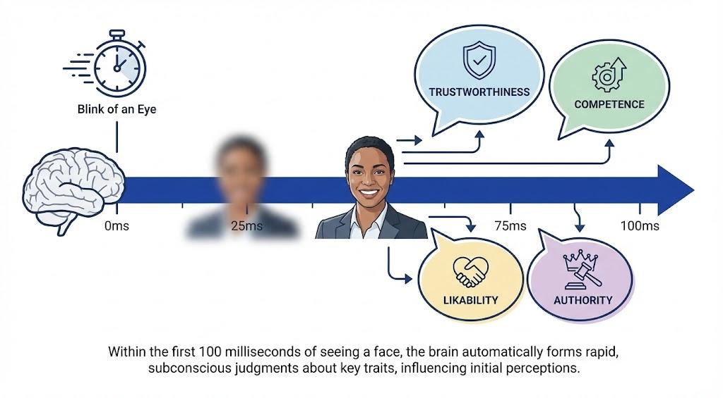 Timeline infographic showing first impressions form in 100 milliseconds: face appears and four judgments instantly form (Trustworthiness, Competence, Likability, Authority) with clock showing 0-100ms