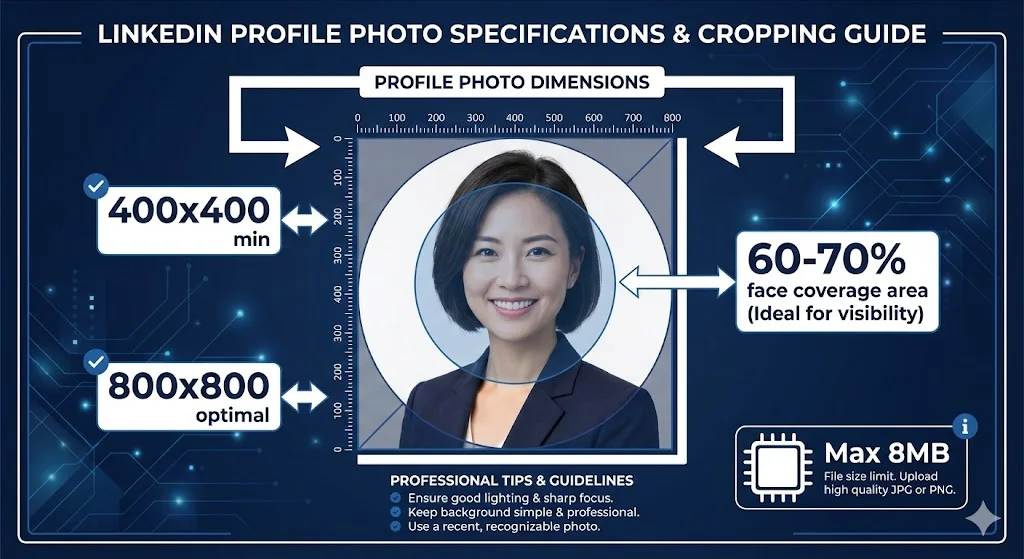 Infographic showing LinkedIn profile photo dimensions (400x400 min, 800x800 optimal) with circular crop overlay demonstrating how corners get cut off. Include visual guide showing 60-70% face coverage area.