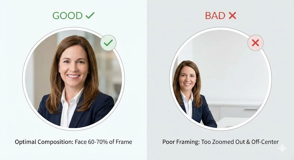 Side-by-side comparison showing GOOD framing (left: face occupies 60-70% of frame, properly centered, head and shoulders visible) vs BAD framing (right: common mistakes like too zoomed out, off-center, face too small, or cropped awkwardly)