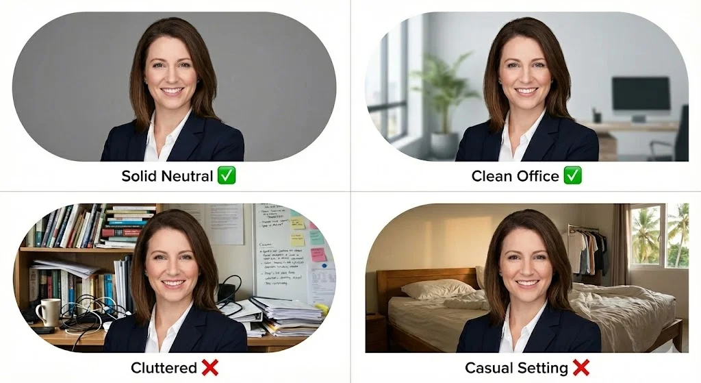 2x2 grid showing background examples. TOP ROW (Good): Solid neutral background with checkmark, Clean office setting with checkmark. BOTTOM ROW (Bad): Busy/cluttered background with X, Inappropriate casual setting with X. Each image should be a cropped headshot example.