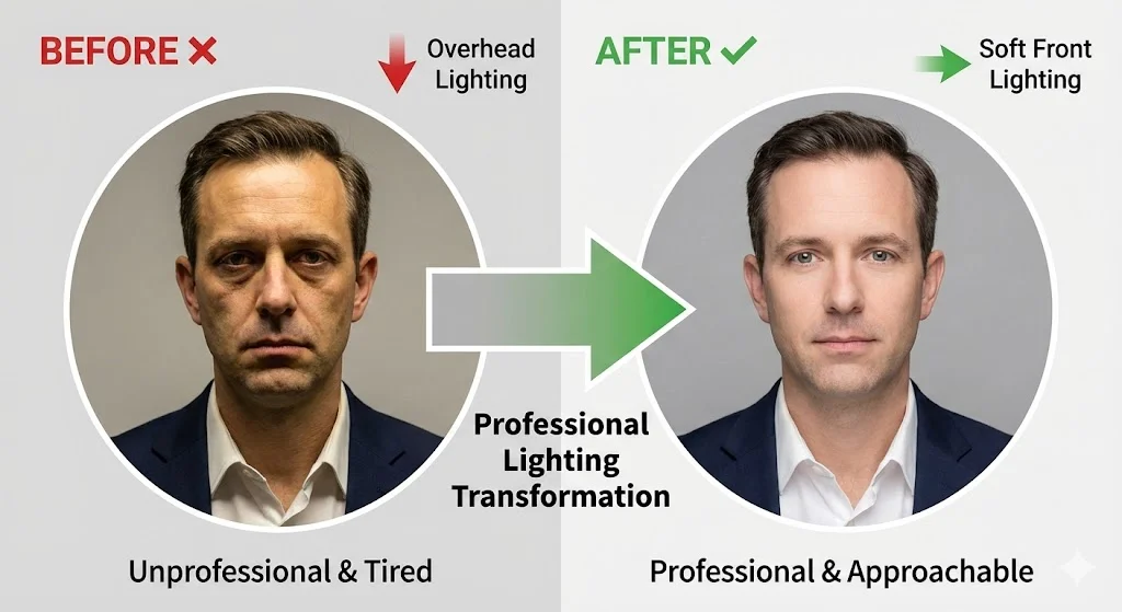 Before and After comparison of the same person. BEFORE (left): Harsh overhead lighting creating shadows under eyes and nose, unflattering appearance. AFTER (right): Soft, even front lighting, professional and flattering. Use arrows or labels to highlight the difference.