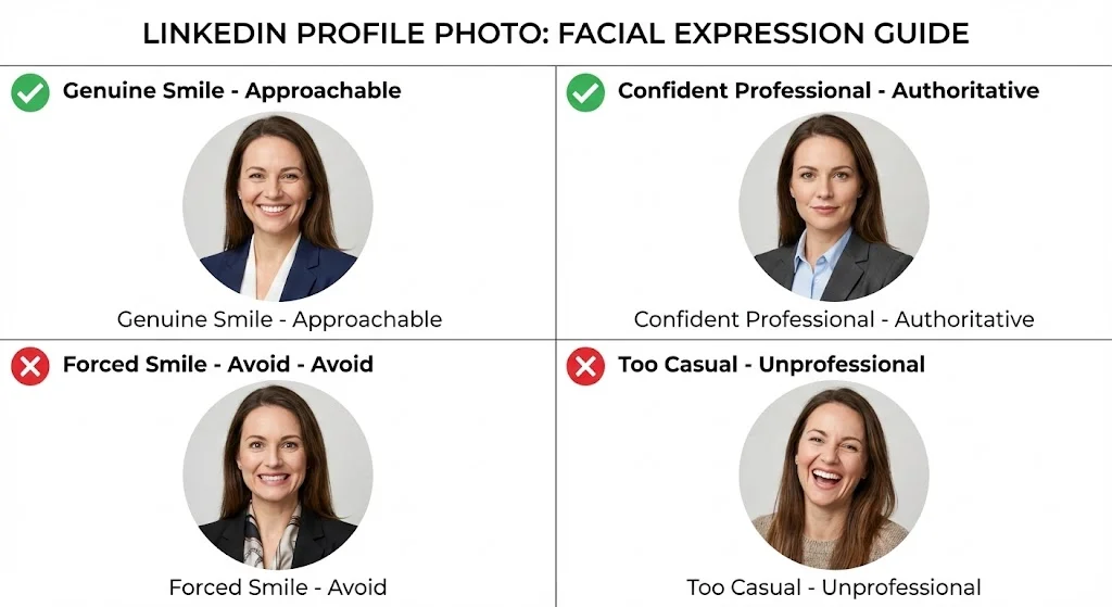 2x2 grid showing facial expression examples. TOP ROW (Good): Natural genuine smile with checkmark, Confident neutral/slight smile with checkmark. BOTTOM ROW (Avoid): Stiff forced smile with X, Overly casual or unprofessional expression with X. Include brief labels under each.