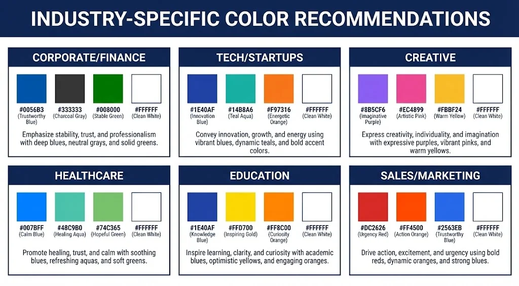 Grid showing color recommendations for 6 industries: Corporate/Finance (navy, charcoal, burgundy), Tech (blue, teal, purple), Creative (bold colors), Healthcare (blue, green, white), Education (blue, green, yellow), Sales/Marketing (red, orange, bold blue)