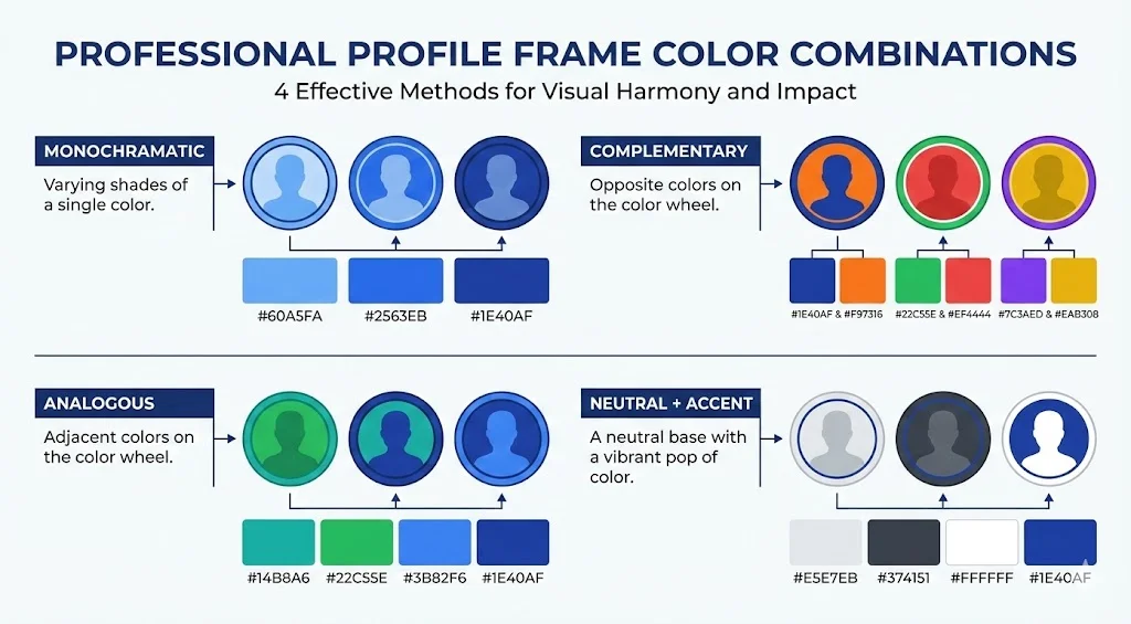 Four color combination methods shown with profile frame examples: Monochromatic (shades of blue), Complementary (blue and orange), Analogous (blue, teal, green), and Neutral Plus Accent (gray with red accent)