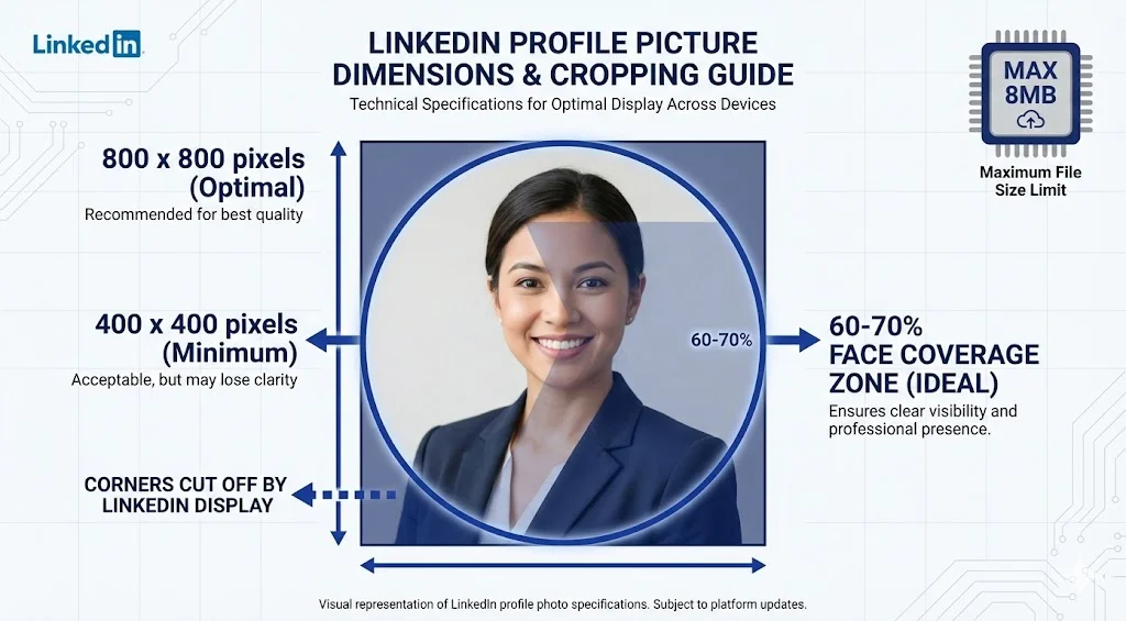 Technical diagram showing LinkedIn profile photo specifications: 400×400px minimum, 800×800px optimal, circular crop overlay with 60-70% face coverage zone highlighted, max 8MB file size indicator