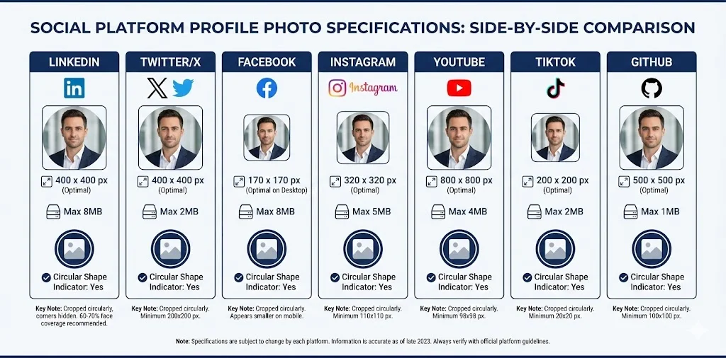 Side-by-side comparison of profile picture specifications for 7 platforms (LinkedIn, Twitter, Facebook, Instagram, YouTube, TikTok, GitHub) showing optimal dimensions, max file sizes, and display shapes