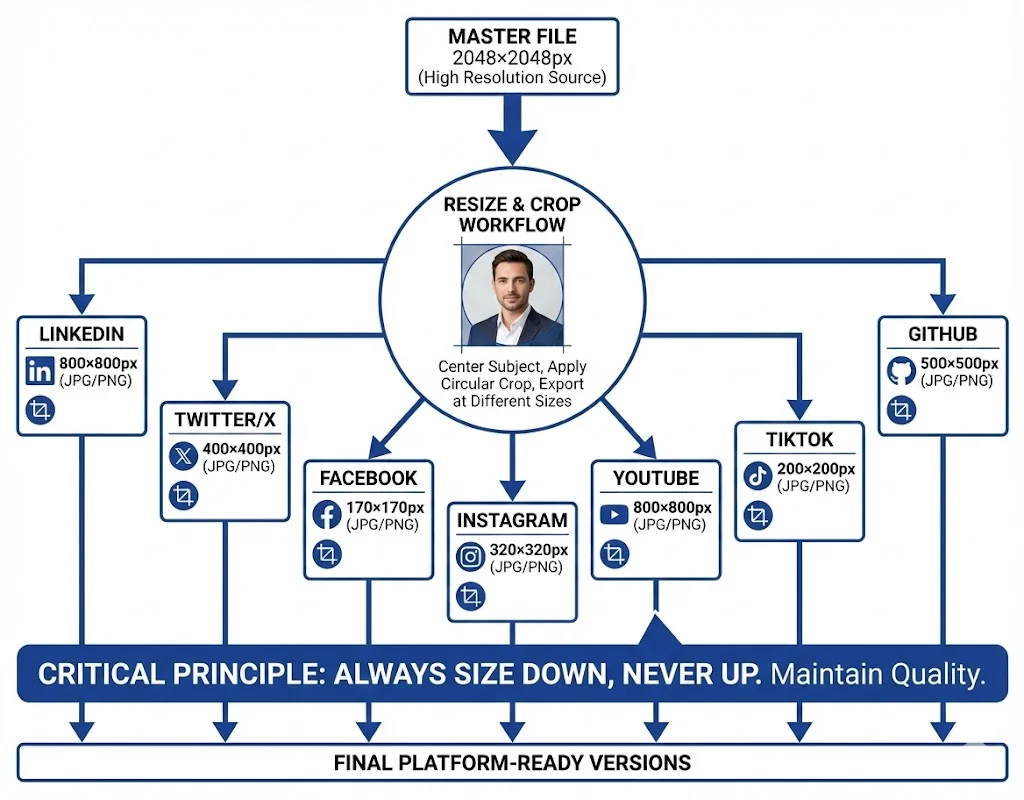 Workflow diagram showing how to create one 2048×2048px master image and resize it down to meet requirements for each platform: LinkedIn (800×800), Twitter (400×400), Facebook, Instagram, YouTube, TikTok, GitHub