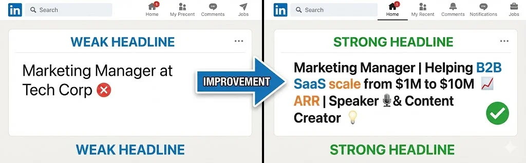 Before and after comparison of weak vs strong LinkedIn headlines