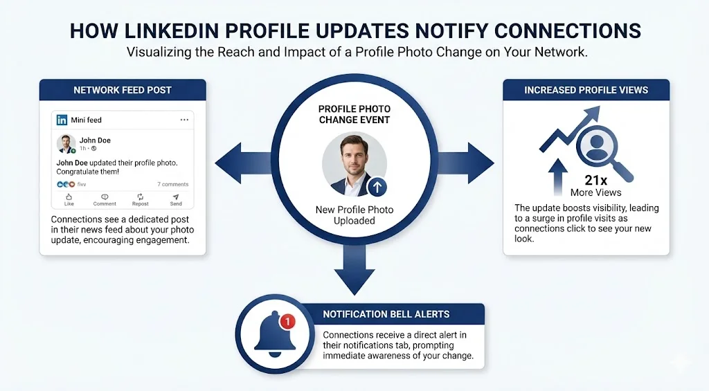 Diagram showing three ways LinkedIn notifies connections about profile updates: Network Feed Post (automatic post in feed), Profile View Increase (algorithm surfaces updated profiles), and Notification Bell Alerts (notification icons to connections)
