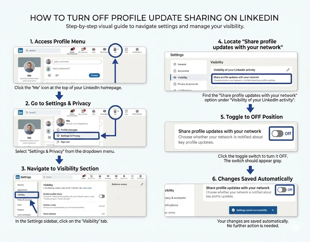 Step-by-step visual guide showing 6 steps to disable LinkedIn profile update sharing: Profile menu, Settings & Privacy, Visibility section, Share profile updates setting, Toggle OFF, Save changes