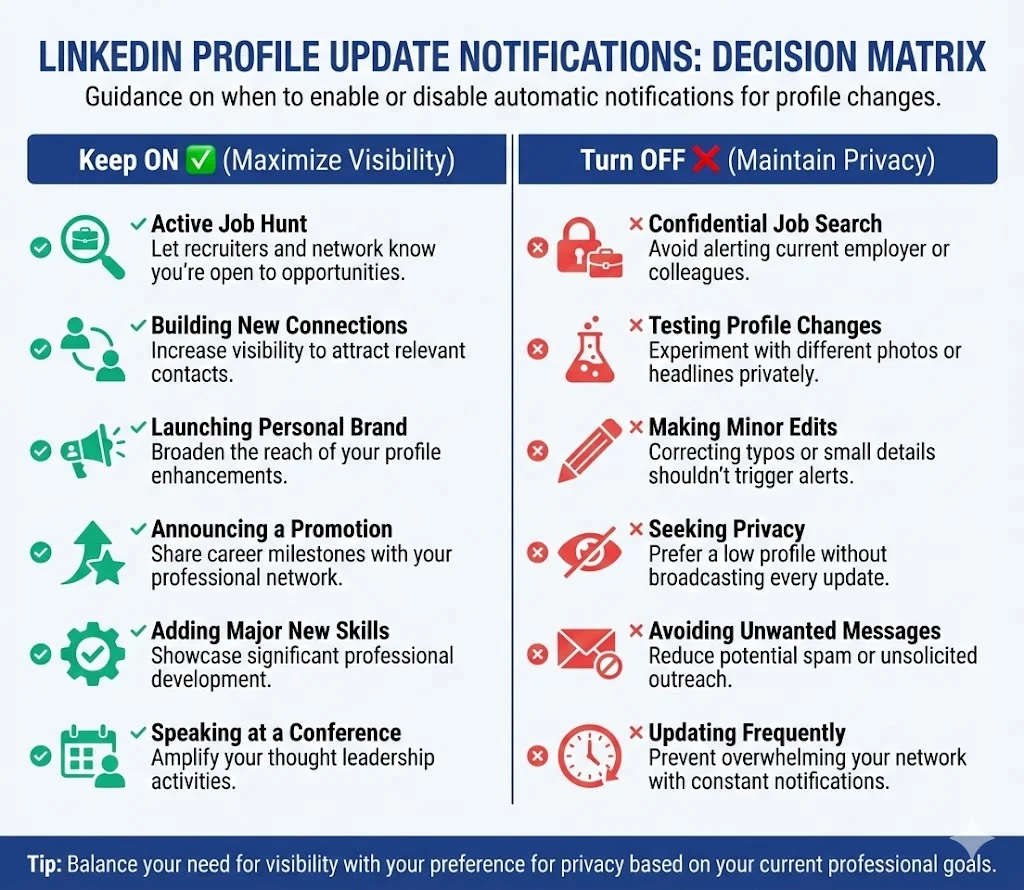 Decision matrix showing when to keep notifications ON (job hunting, brand building, new achievements) with green checkmarks versus when to turn OFF (testing photos, minor tweaks, confidential job search, multiple updates) with red X marks