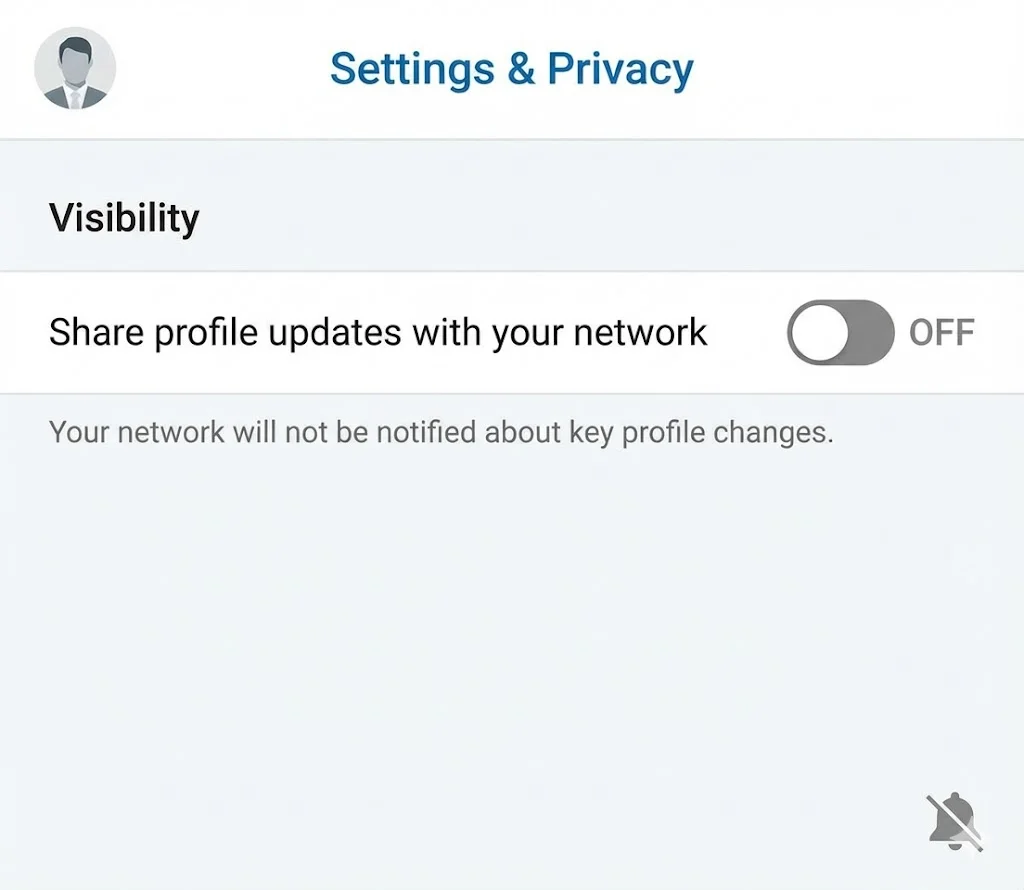 LinkedIn privacy settings interface for updating profile photo without notifying connections
