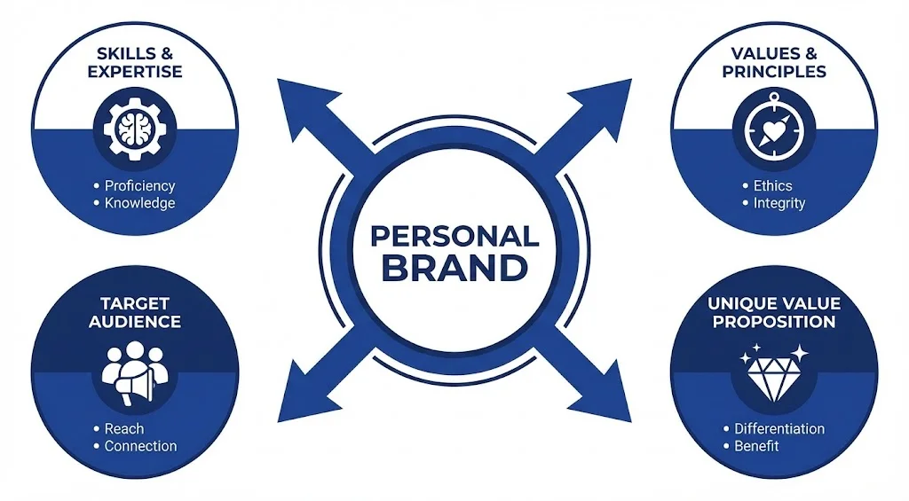 Circular diagram showing 4 key personal branding elements: Skills & Expertise, Values & Principles, Target Audience, and Unique Value Proposition, all connected to central Personal Brand circle