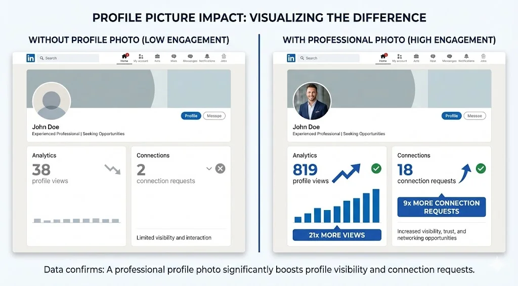 Side-by-side comparison of LinkedIn profiles: left shows profile without photo with low engagement, right shows profile with professional photo displaying 21x more views and 9x more connection requests