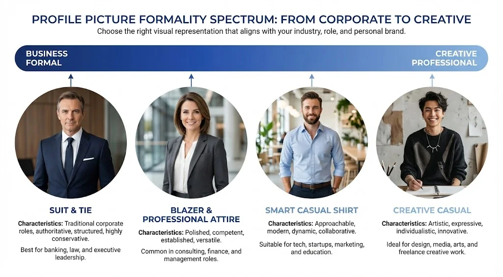 Horizontal spectrum showing 4 profile photo styles from Business Formal (suit and tie) to Business Professional (blazer) to Smart Casual (button-down) to Creative Professional (stylish casual), with descriptions for each