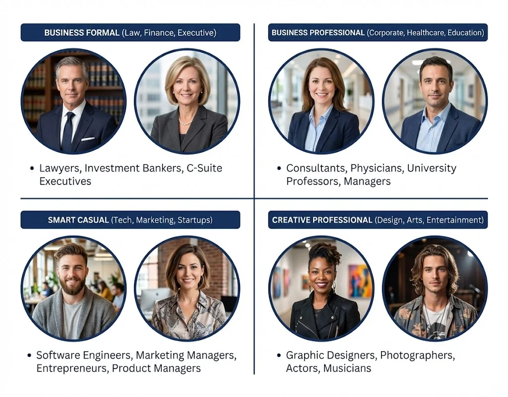 Four quadrants showing profile photo formality by industry: Business Formal (Law, Finance), Business Professional (Corporate, Healthcare), Smart Casual (Tech, Startups), Creative Professional (Design, Arts) with example photos in each