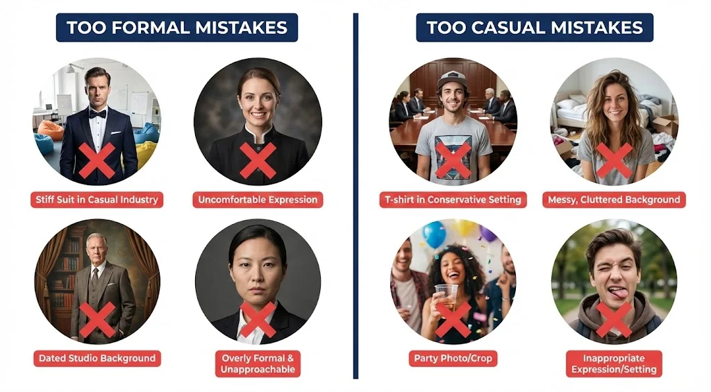 Split comparison showing TOO FORMAL mistakes (suit in casual industry, stiff expression, dated studio) and TOO CASUAL mistakes (t-shirt, messy background, party photo, casual in conservative field) with red X marks