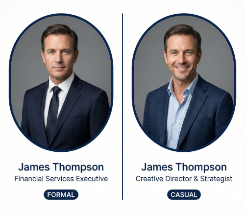 Side-by-side comparison of professional business attire vs casual profile photo styles for LinkedIn