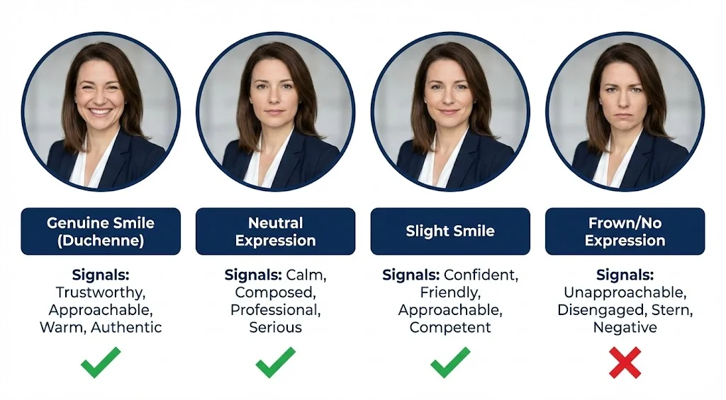 Four circular profile photos showing facial expression types: Genuine Smile with checkmark (trustworthy, approachable), Neutral Expression with checkmark (competent, authoritative), Slight Smile with checkmark (balanced, professional), and Frown with X mark (avoid)