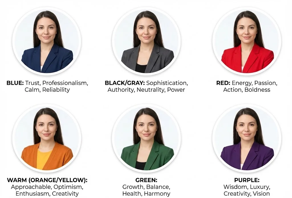 Six profile photos showing same person in different colored clothing with psychological associations: Blue (Trust, Calm), Black/Gray (Authority, Sophistication), Red (Power, Confidence), Warm colors (Friendly, Creative), Green (Balance, Growth)