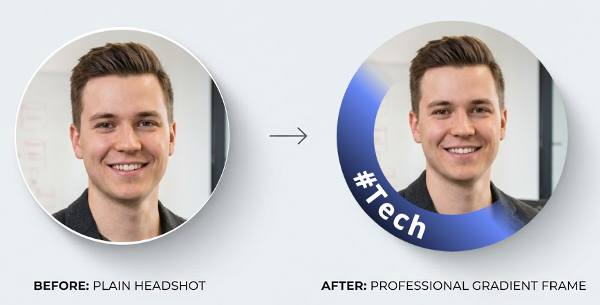 Before and after comparison of a LinkedIn profile photo with and without a custom frame
